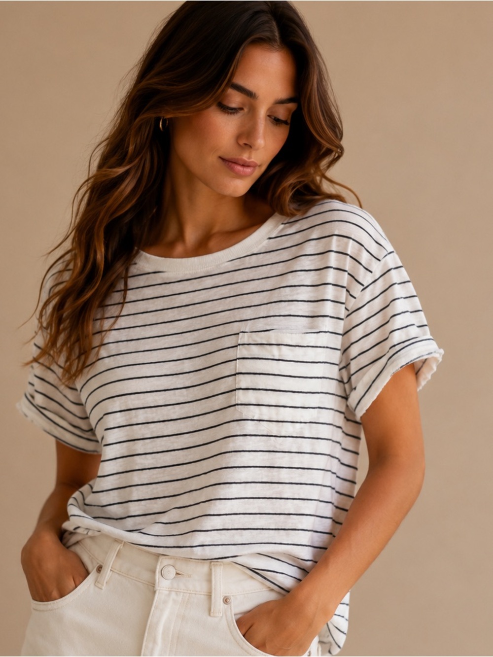 FRAME White Black Striped Linen Blend Pocket Tee Size XL